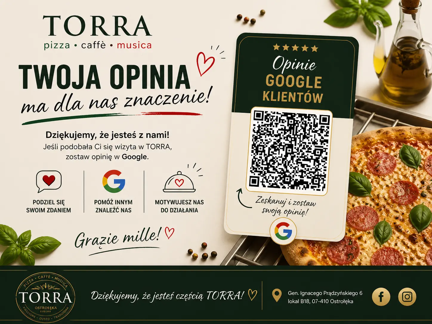 Grafika TORRA z prośbą o opinię Google i kodem QR